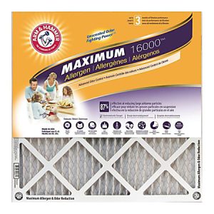 Arm & Hammer Maximum Allergen air filter packaging with allergen and odor reduction features, 16x25x1 size.