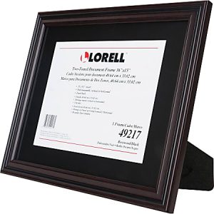 Dark wooden document frame by Lorell, size 16"x13", with a black matboard displayed on a stand.