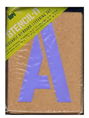 Stencil-It reusable oilboard lettering set packaging, featuring a large letter "A" on a cardboard sheet, under clear plastic.