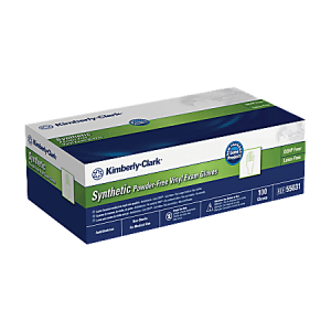 Box of Kimberly-Clark synthetic powder-free vinyl exam gloves, size large, 100-count, latex and powder-free.