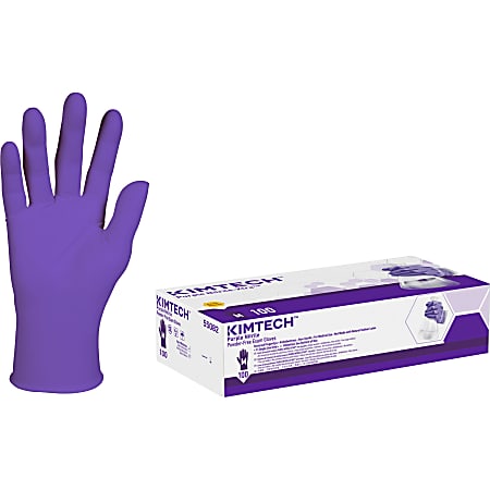 Purple nitrile glove next to a Kimtech glove box with purple accents and branding.