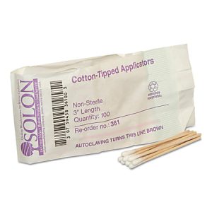 Package of Solon non-sterile cotton-tipped applicators, 3-inch length, quantity of 100, with several applicators shown.