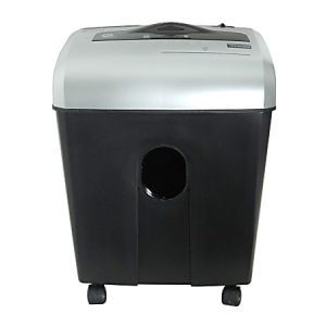Black and silver paper shredder with a rectangular design and small wheels at the base.
