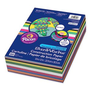 Stack of Pacon SunWorks construction paper, 9x12 inches, 300 sheets, assorted colors, heavyweight, in vibrant packaging.