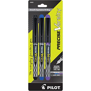 Pack of three Pilot Precise Varsity pens in black, blue, and purple with stainless steel nibs for smooth writing.