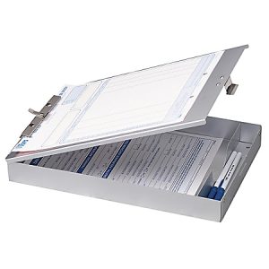 Metallic storage clipboard with open top, revealing a form and two pens inside compartment.