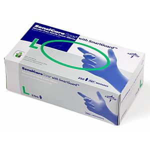 Box of SensiCare ice nitrile exam gloves, size large, with SmartGuard. Contains 250 gloves, shown in blue packaging.