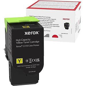 Xerox C310 yellow toner cartridge and packaging, indicating high-capacity use for color printers.