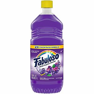 Purple bottle of Fabuloso multi-purpose cleaner with lavender scent, 33.8 fl oz, featuring 2X concentrated formula.