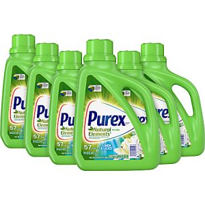 Six green bottles of Purex Natural Elements detergent, Linen & Lilies scent, each providing 57 loads.