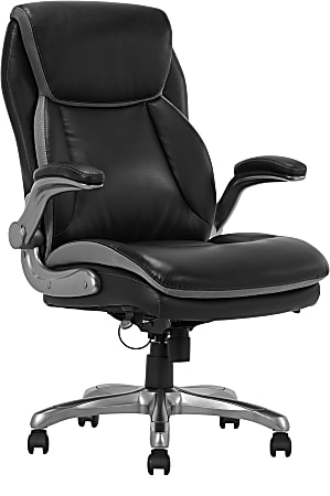 Black leather office chair with adjustable armrests and chrome base on casters.