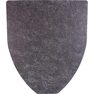 Dark gray, shield-shaped felt mat on a white background.