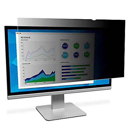 Computer monitor with a privacy screen displaying graphs and charts, partially obscured from side view.