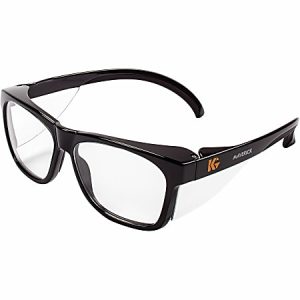Black rectangular safety glasses with clear lenses and side shields, featuring the "Maverick" logo on the temples.