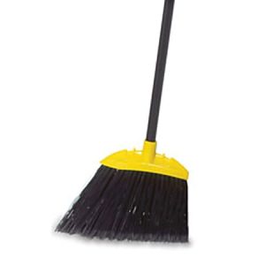 Yellow and black angled broom with long handle, designed for efficient sweeping and cleanliness.