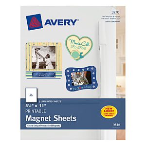 Avery 8.5" x 11" printable magnet sheets package with sample images of photo magnets on a refrigerator.