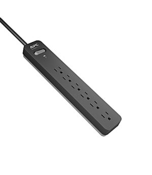 Black APC surge protector with six outlets and a cord, angled view, designed for home or office use.