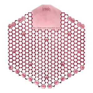 Pink hexagonal sheet with pull tabs marked for each day of the week and months, labeled "Pull tabs for change date.