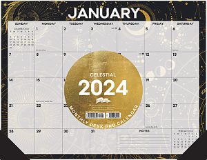 January 2024 desk pad calendar with celestial theme, featuring a gold circle in the center and astronomical decorations.