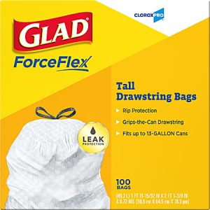 Glad ForceFlex Tall Drawstring Bags packaging with 100 bags, featuring rip and leak protection for 13-gallon cans.