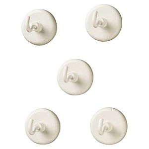 Five white adhesive hooks arranged in a circular pattern on a plain white background.