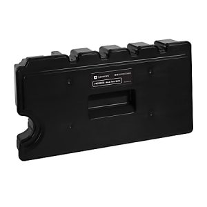 Black Lexmark waste toner bottle with label, featuring a rectangular shape and handle for easy disposal.