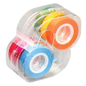 Colorful tape rolls in a clear plastic holder, including blue, orange, red, green, and yellow tapes.