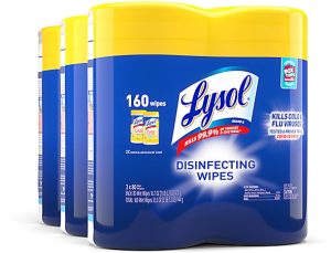 Stack of Lysol Disinfecting Wipes packs, 160 wipes each, claim to kill 99.9% of viruses and bacteria.