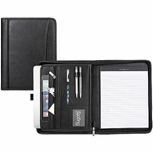 Black leather portfolio with notepad, pen holders, card slots, and gadget compartments, shown open and closed.