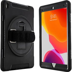 Black rugged tablet case with a rotating hand strap, shown with a colorful screen display.
