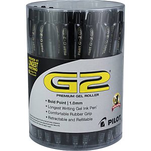 Container of Pilot G2 premium gel rollers, bold point 1.0mm, black, with rubber grip, retractable and refillable.