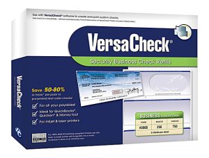 VersaCheck Security Business Check Refills box, showing sample checks, compatible with QuickBooks, for inkjet and laser printers.