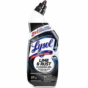 Lysol Lime & Rust Clinging Gel bottle, 24 oz, with Atlantic Fresh scent for cleaning and disinfecting toilets, kills 99.9% of germs.