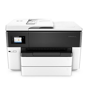 White and black office printer with touch screen display and dual paper trays.