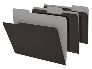 Four black and gray file folders arranged in a row, each slightly open, on a white background.