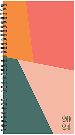 2024 planner with geometric cover design in orange, coral, pink, and teal, spiral-bound on the left side.
