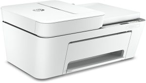 White all-in-one printer with a flatbed scanner, paper feed tray on top, and control panel on the right side.