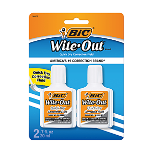 Two packs of Bic Wite-Out Quick Dry Correction Fluid, each 20 ml, on a blue and orange card with branding.