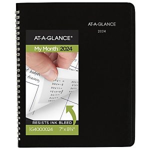 Black AT-A-GLANCE My Month 2024 planner with spiral binding, highlighting ink bleed resistance, size 7"x8 3/4".