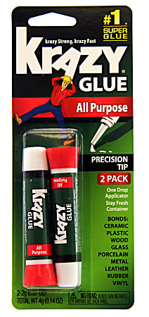 Krazy Glue All Purpose pack showing two tubes with precision tips, suitable for multiple surfaces like wood and plastic.