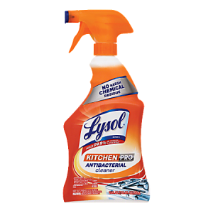 Lysol Kitchen Pro Antibacterial Cleaner spray bottle, orange label, promises no harsh chemical residue.