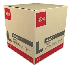 Heavy-duty large cardboard box, 20x20x20 inches, with Office Depot branding and "Made in USA" label.
