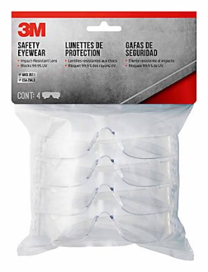 Pack of 3M safety eyewear, impact-resistant, UV-blocking, containing four pairs of transparent glasses in a sealed package.