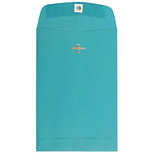 Teal clasp envelope with a round metal clip closure, designed for secure document storage and mailing.