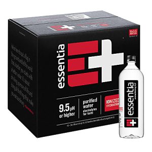 Essentia water package with a single bottle, featuring 9.5+ pH, purified water, and ionized hydration branding.