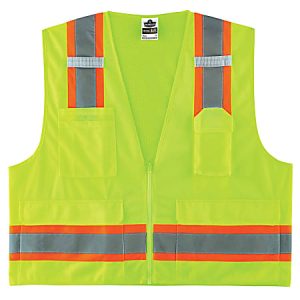 Bright yellow safety vest with reflective orange and gray vertical and horizontal stripes, featuring multiple pockets.