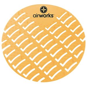 Round orange urinal screen with diagonal slits, featuring the AirWorks logo at the top.