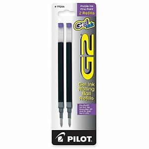 Two Pilot G2 gel ink rolling ball refills with purple ink, fine point, in packaging.