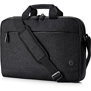 Black laptop bag with a shoulder strap, front zipper pocket, and HP logo, designed for carrying and protecting electronic devices.