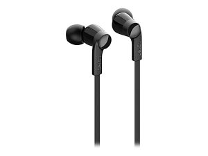 Black in-ear wired earbuds with a sleek design and flat cables.